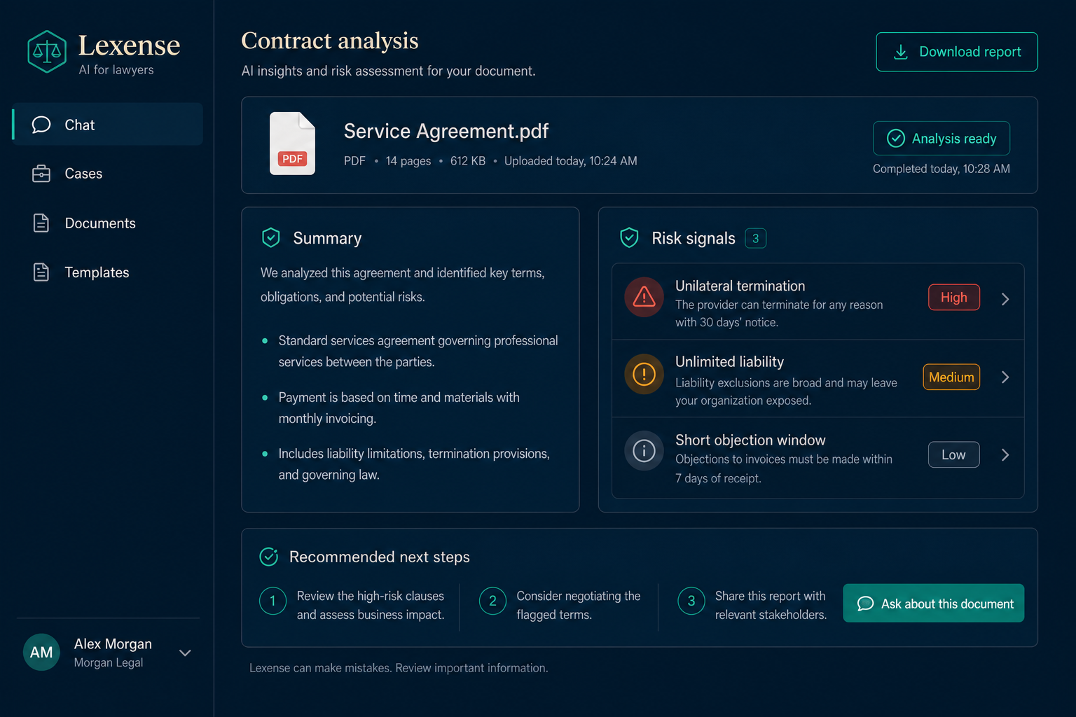 A finished analysis in the Lexense web app: summary, risk signals, and recommended next steps