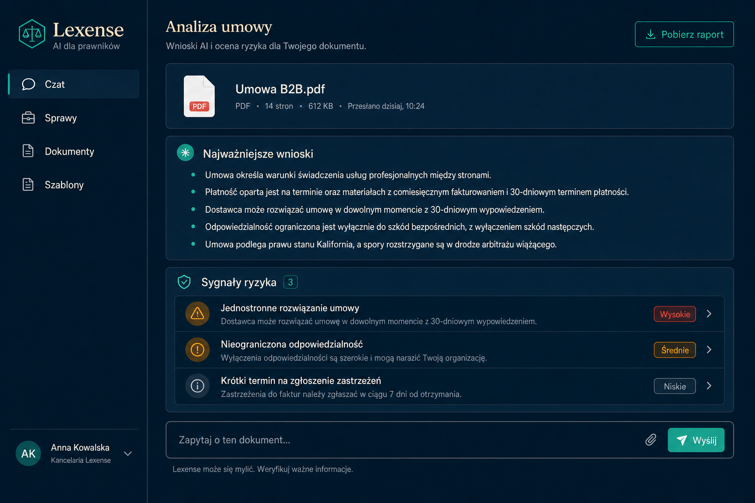 Aplikacja web Lexense: analiza umowy z sygnałami ryzyka